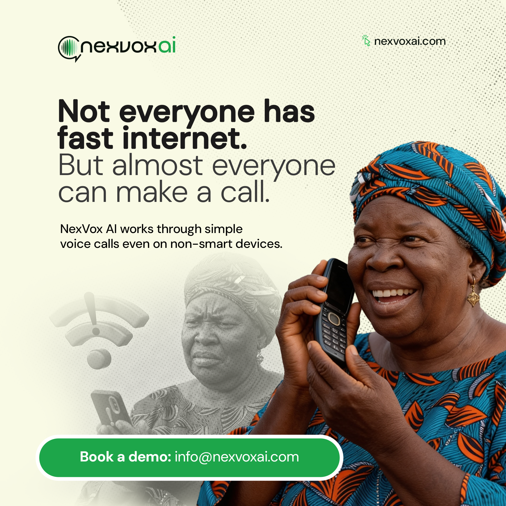 A woman making a call on a basic feature phone — NexVox AI works through simple voice calls without internet
